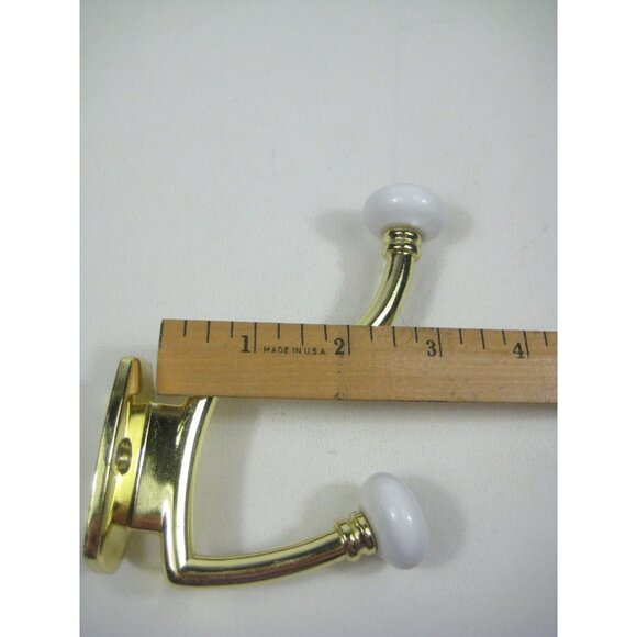 Set Of 2 Vintage Double Gold Wall Hooks Brass Ceramic Knobs 4 Inches Long Taiwan - Picture 4 of 13
